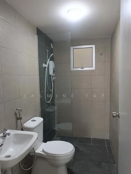 Bathroom features: white ceramic toilet, white ceramic sink, chrome basin mixer faucet, glass shower enclosure, handheld shower head, wall-mounted shower unit, grey tile flooring, beige tiled walls, small window, ceiling light; style: modern.
