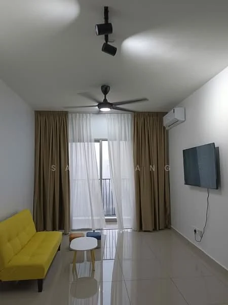 Living features: yellow fabric sofa, white coffee table, wall-mounted TV, floor-to-ceiling windows, sheer curtains, blackout curtains, 1 wall-mounted split AC, recessed downlights, 5-blade ceiling fan with light, glossy tile flooring, white painted walls; style: modern; view: city.