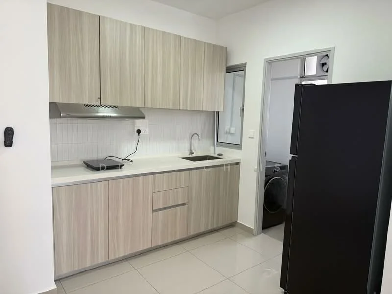 Kitchen features: light wood cabinetry, white countertop, stainless-steel sink, chrome pull-down faucet, built-in stove, black refrigerator, white tiled backsplash, ceramic tile flooring, wall-mounted range hood, window with natural light, laundry area visible through door; style: modern.