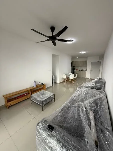 Living features: white painted walls, tile flooring, 5-blade ceiling fan, sofa covered in plastic wrap, wooden coffee table covered in plastic wrap, TV console, dining table with chairs in the background, open layout to kitchen, recessed lighting; style: modern.