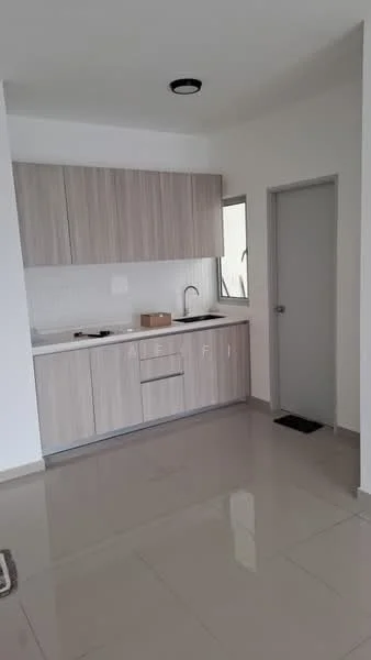 Kitchen features: light wood cabinetry, white tiled backsplash, single-bowl stainless-steel sink, chrome pull-down faucet, built-in countertop, ceramic tile flooring, recessed ceiling light, window for natural light; style: modern.