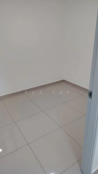 Room features: white painted walls, glossy ceramic tile flooring, neutral color scheme, no visible furniture, single window, minimal decor, plain ceiling, light switch, door frame; style: minimalist.