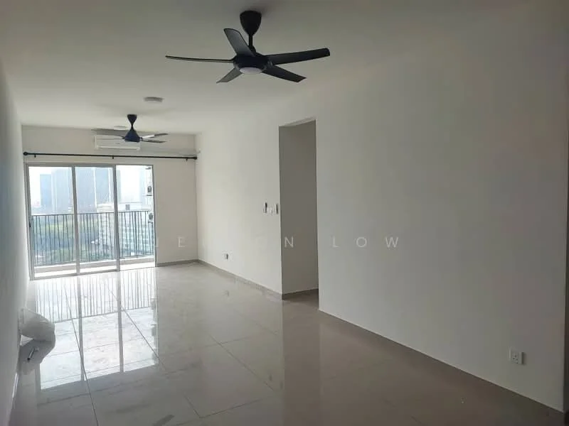 Living features: white painted walls, marble tile flooring, 2 ceiling fans, floor-to-ceiling sliding glass door, balcony access, recessed downlights, air conditioning unit, open layout; style: modern; view: city.