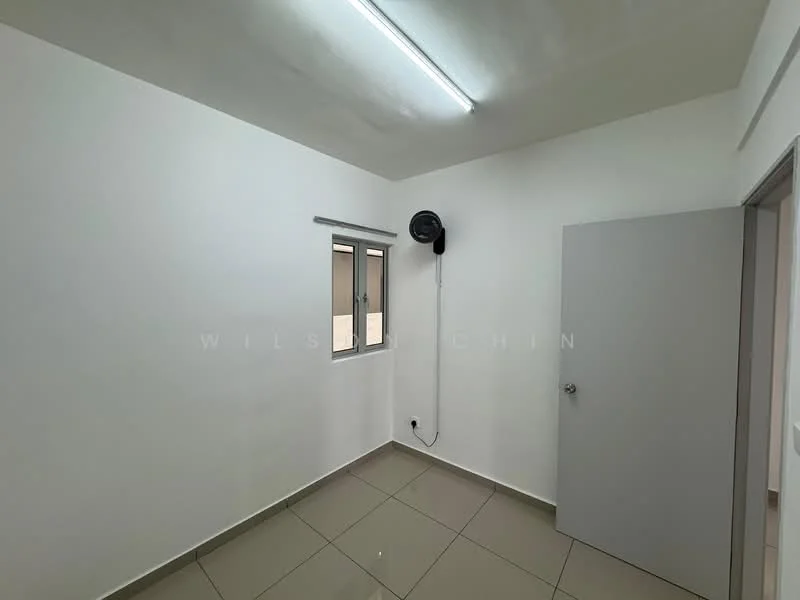 Room features: white painted walls, tile flooring, single window, ceiling light fixture, wall-mounted ceiling fan, plain door, neutral color scheme; style: modern.