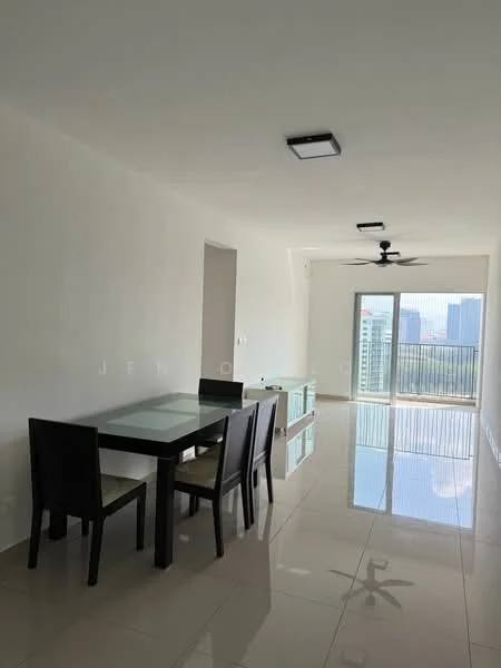 Dining features: glass dining table, 4 black dining chairs, white painted walls, polished ceramic tile flooring, 5-blade ceiling fan with light, floor-to-ceiling sliding glass door, city skyline view, natural light from windows; style: modern; view: city.