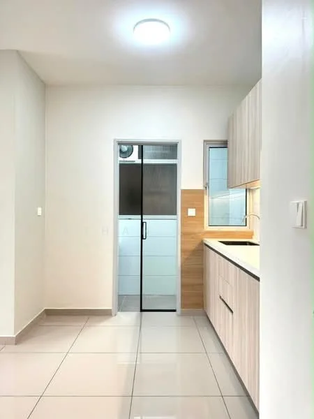 Kitchen features: white painted walls, light wood cabinetry, black countertop, single-bowl stainless-steel sink, chrome pull-down faucet, built-in oven, ceramic tile flooring, recessed downlights, sliding glass door, window with frosted glass, open shelving; style: modern.