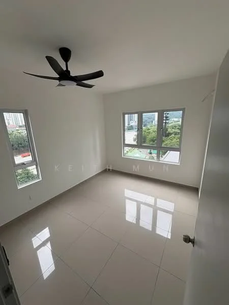 Room features: white painted walls, glossy ceramic tile flooring, 5-blade ceiling fan, floor-to-ceiling windows, city view, natural light, neutral color scheme; style: modern; view: city.