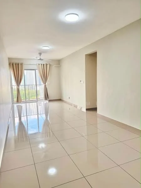 Living features: cream painted walls, glossy ceramic tile flooring, recessed LED downlights, 5-blade ceiling fan, floor-to-ceiling windows, sheer curtains, sliding glass door, natural light, open layout; style: modern; view: garden.