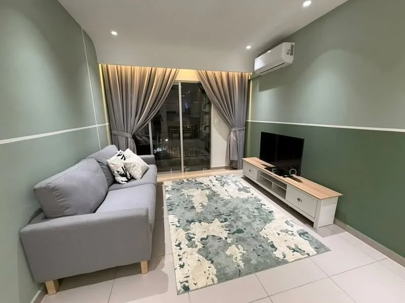 Living features: grey fabric 3-seater sofa, area rug with abstract pattern in blue and cream, TV console in white with wooden top, wall-mounted TV, floor-to-ceiling windows, sheer curtains, green painted walls, recessed downlights, split air conditioning unit; style: modern; view: city.