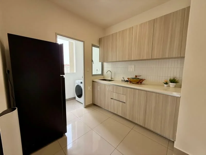 Kitchen features: light wood cabinetry, stainless-steel sink, chrome pull-down faucet, white tiled backsplash, black refrigerator, built-in washing machine, countertop with smooth surface, ceramic tile flooring, window with natural light, open layout, fruit bowl on countertop, decorative plant; style: modern.
