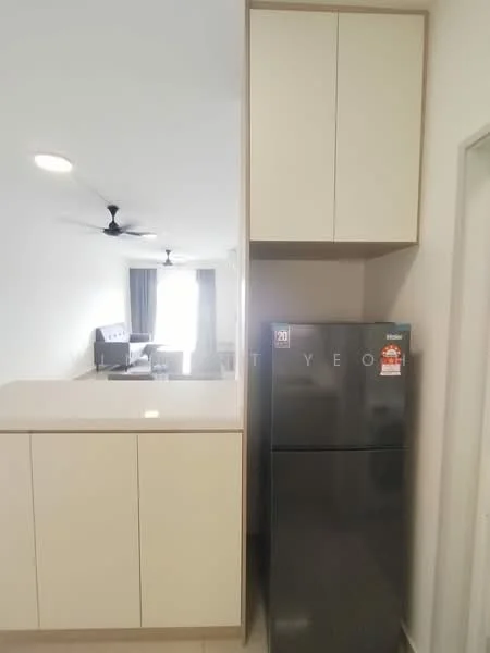 Kitchen features: white cabinetry, grey fridge, countertop, ceiling fan, open layout, neutral tile flooring, wall-mounted cabinets, recessed lighting; style: modern.