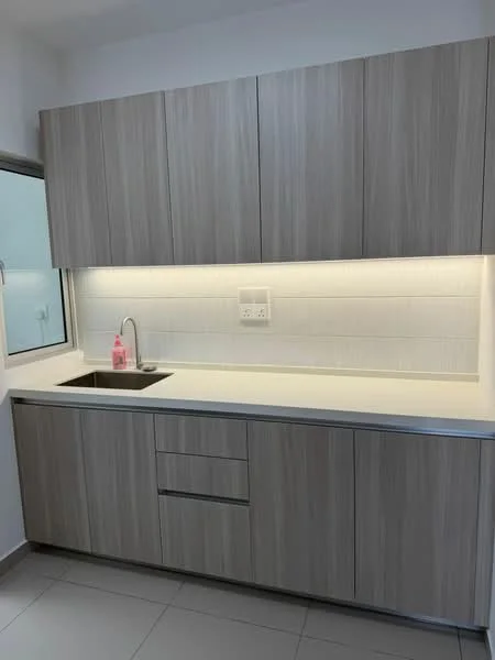Kitchen features: grey laminate cabinetry, single-bowl stainless-steel sink, chrome pull-down faucet, white quartz countertop, tile backsplash, under-cabinet LED lighting, built-in electrical outlets, grey tiled flooring, window with white frame; style: modern.