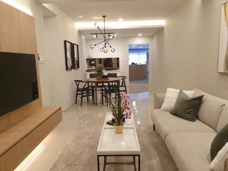 Living features: light grey fabric sofa, coffee table with metal frame, flat-screen TV on wooden console, pendant light fixture with multiple bulbs, area rug with neutral tones, wall-mounted artwork, recessed ceiling lights, glossy tile flooring; style: modern. Dining features: round dining table, black dining chairs, decorative centerpiece with flowers, open layout to kitchen, wall-mounted mirror, bar counter in background; style: modern.