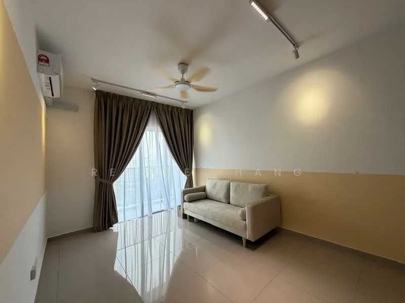 Living features: cream painted walls, white ceiling, 5-blade ceiling fan with light, floor-to-ceiling windows, sheer curtains, light-colored sofa, glossy tile flooring, air conditioning unit; style: modern; view: city.