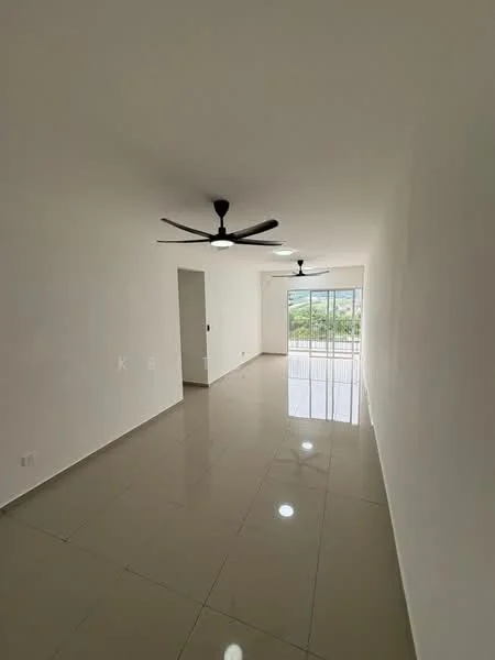 Living features: white painted walls, glossy ceramic tile flooring, 2 ceiling fans, large sliding glass door, natural light from window, recessed downlights, open layout, view of greenery; style: modern; view: garden.