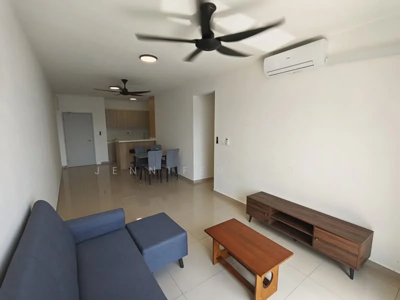 Living features: 3-seater fabric sofa in blue, wooden coffee table, TV console, 2 ceiling fans, wall-mounted air conditioning unit, light-colored tiled flooring, white painted walls, recessed lighting; style: modern. Kitchen features: open-plan layout, kitchen island with seating, wood cabinetry, stainless-steel appliances; style: modern.