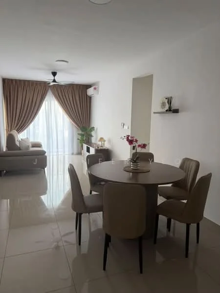 Living features: cream painted walls, white ceiling, 5-blade ceiling fan with light, floor-to-ceiling windows with sheer curtains, light brown fabric sofa, wooden sideboard, round dining table, upholstered dining chairs, glossy tile flooring, decorative wall shelf, wall-mounted air conditioning unit; style: modern.