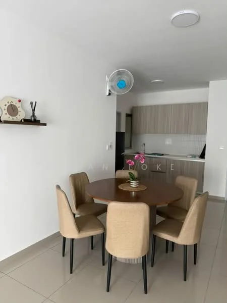 Dining features: round wooden dining table, 6 upholstered dining chairs, wall-mounted clock, shelf with decorative items, light-colored walls, tile flooring, ceiling fan, kitchen visible in background; style: modern.