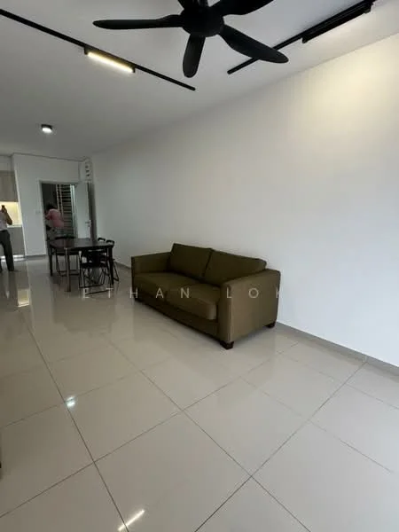 Living features: 3-seater fabric sofa in olive green, wall-mounted ceiling fan, white painted walls, glossy ceramic tile flooring, recessed lighting, open layout to dining area, large windows for natural light; style: modern.