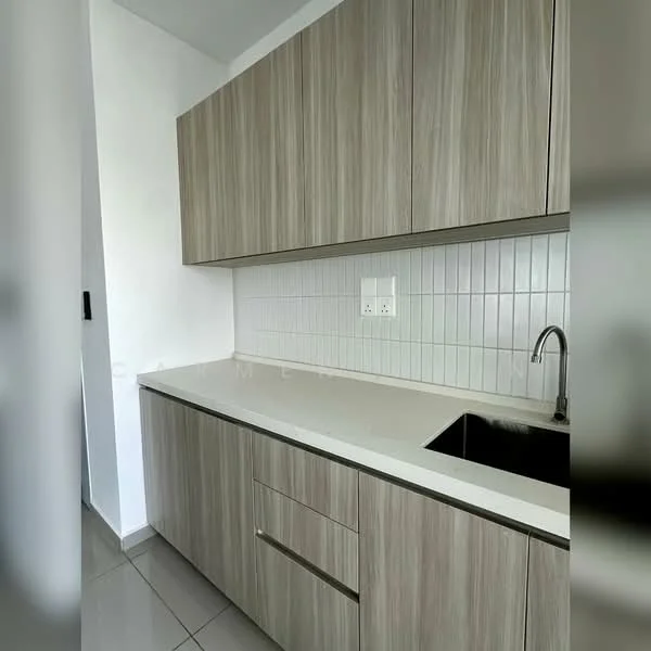 Kitchen features: light wood cabinetry, white quartz countertop, single-bowl stainless-steel sink, chrome pull-down faucet, white tiled backsplash, grey ceramic tile flooring, under-cabinet lighting; style: modern.