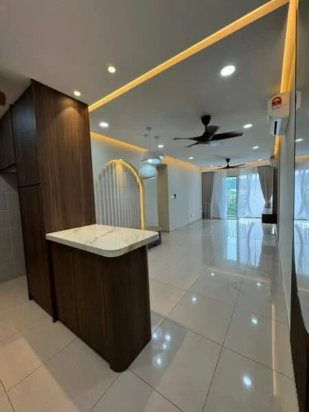 Living features: white painted walls, polished ceramic tile flooring, recessed downlights, 5-blade ceiling fan, pendant lamp, archway feature, large sliding glass door, floor-to-ceiling windows, curtains, decorative wall with lighting, kitchen island with marble countertop, wood cabinetry; style: modern; view: garden.