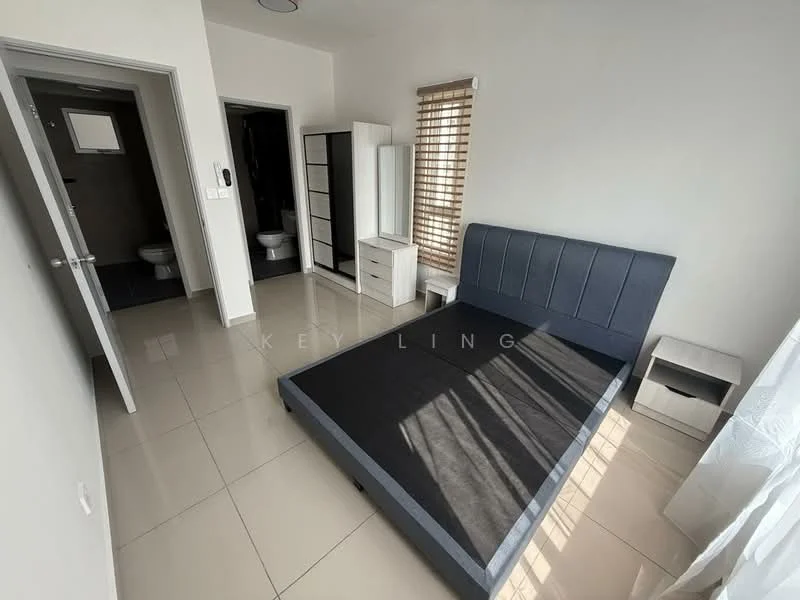 Bedroom features: queen-size bed frame with upholstered headboard, nightstand, built-in wardrobe with sliding doors, window with blinds, white painted walls, tile flooring, recessed ceiling lights, floor-to-ceiling window, decorative curtain; style: modern. Bathroom features: one-piece toilet, sink with vanity, tile flooring, white painted walls, mirror, shower area.