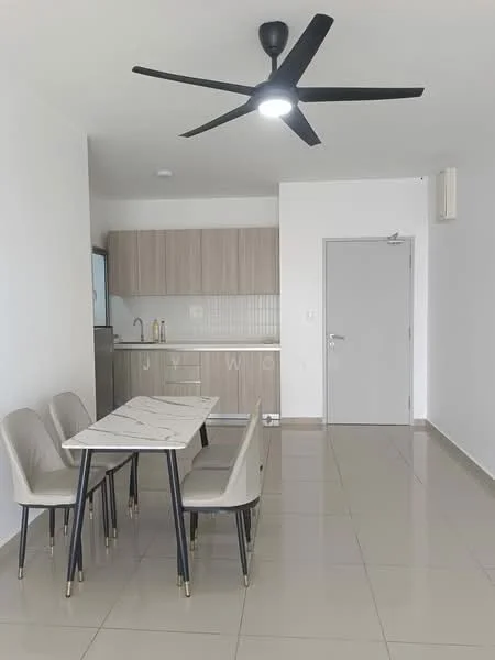 Dining features: 4-seater dining table with marble top, beige upholstered dining chairs, white painted walls, grey kitchen cabinetry, stainless-steel fridge, built-in kitchen counter, recessed downlights, 5-blade ceiling fan with light, tile flooring, door leading to hallway, wall-mounted air conditioning unit; style: modern.