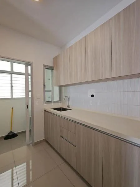 Kitchen features: light wood cabinetry, white countertop, single-bowl stainless-steel sink, chrome pull-down faucet, white tiled backsplash, ceramic tile flooring, window with horizontal slats, built-in oven, kitchen island, under-cabinet lighting; style: modern.