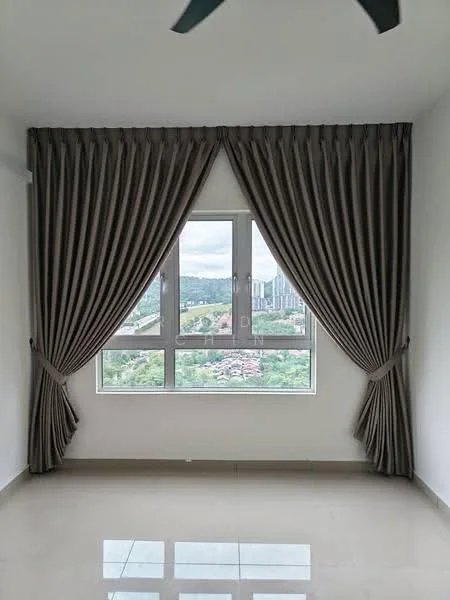 Room features: floor-to-ceiling window, grey curtains, white painted walls, polished tile flooring, ceiling fan; style: modern; view: city.