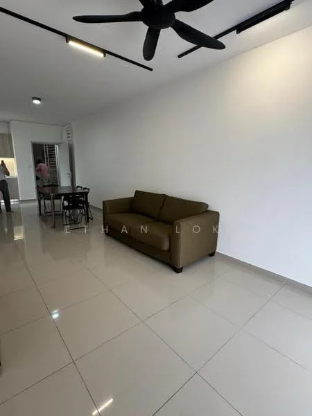Living features: brown fabric sofa, white painted walls, glossy tile flooring, ceiling fan, recessed downlights, open layout, dining area visible in background; style: modern.