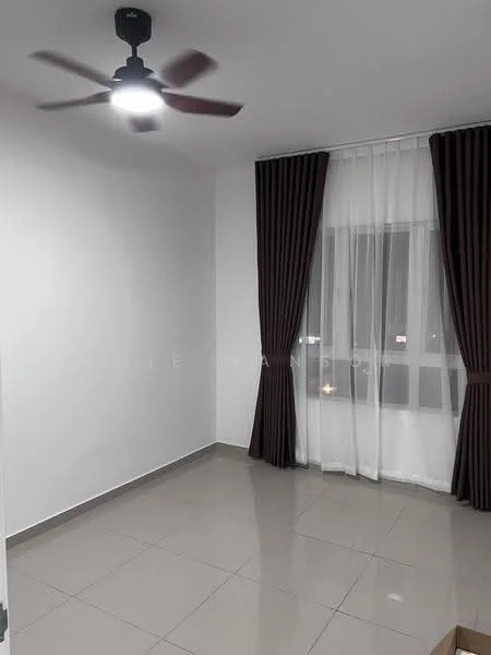 Room features: white painted walls, grey tiled flooring, 5-blade ceiling fan with light, floor-to-ceiling window, sheer curtains, dark brown curtains; style: modern.