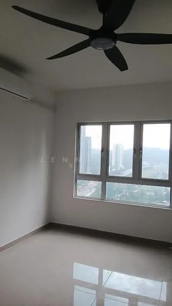 Room features: white painted walls, polished tile flooring, 5-blade ceiling fan, floor-to-ceiling windows, city view, wall-mounted split AC; style: modern; view: city.