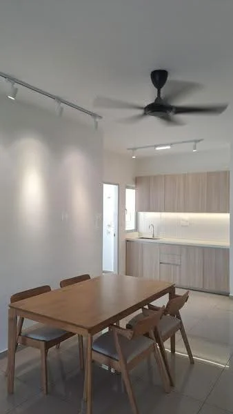 Dining features: wooden dining table, 4 wooden dining chairs, 5-blade ceiling fan with light, white painted walls, light grey floor tiles, kitchen cabinetry in light wood, stainless-steel sink, wall-mounted kitchen light, countertop with under-cabinet lighting; style: modern.