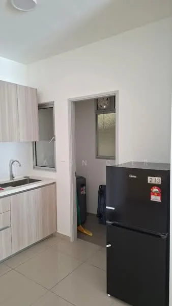 Kitchen features: single-bowl stainless-steel sink, chrome pull-down faucet, laminate countertop, light wood cabinetry, black fridge, ceramic tile flooring, white painted walls, window with glass panes; style: modern. Laundry features: washing machine, storage area, window with frosted glass.
