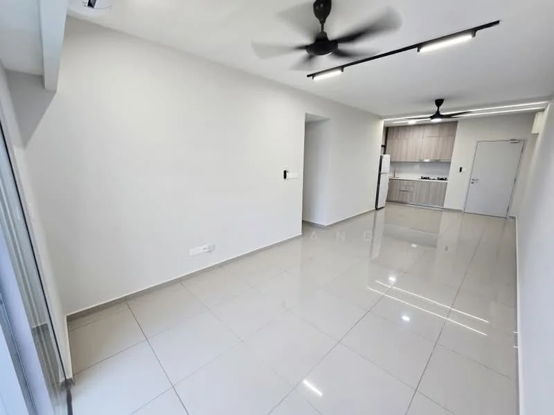 Living features: white painted walls, glossy ceramic tile flooring, recessed LED downlights, 5-blade ceiling fan, open layout, large windows, neutral color palette, kitchen area visible in background; style: modern.
