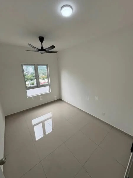Room features: white painted walls, glossy ceramic tile flooring, 5-blade ceiling fan with light, floor-to-ceiling window, city view, neutral color scheme, LED ceiling light; style: modern; view: city.