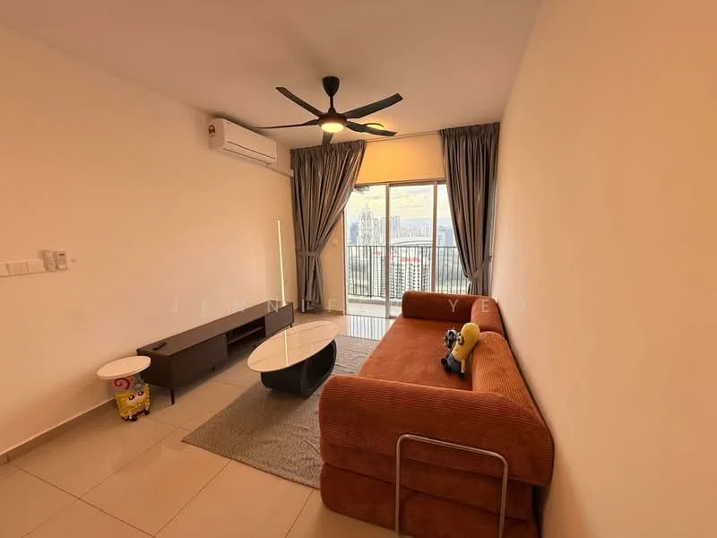 Living features: 3-seater fabric sofa in orange, coffee table, TV console, wall-mounted TV, area rug, 5-blade ceiling fan with light, floor-to-ceiling windows, curtains, tile flooring, decorative wall art; style: modern; view: city.