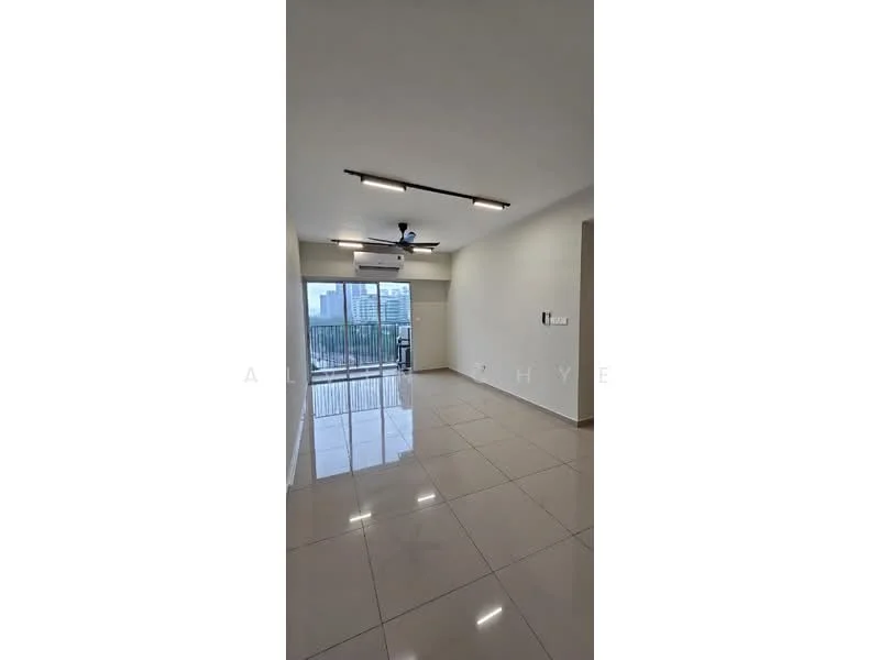 Living features: white painted walls, glossy ceramic tile flooring, 5-blade ceiling fan with light, wall-mounted split AC, floor-to-ceiling windows, sliding glass door, balcony view, recessed LED downlights; style: modern; view: city.