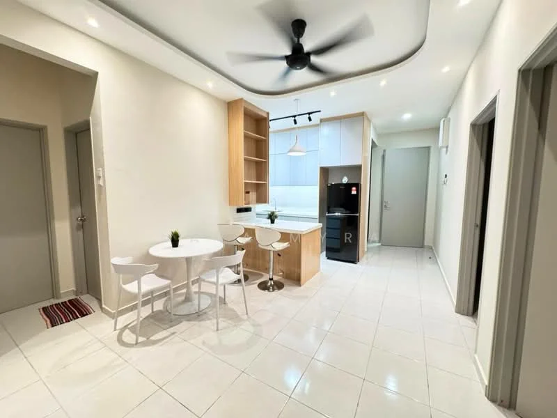 Kitchen features: white painted walls, white tiled flooring, ceiling with recessed lighting, 5-blade ceiling fan, round dining table, 2 white bar stools, wooden cabinetry, built-in oven, black refrigerator, kitchen island, open shelving, pendant light above table; style: modern. Room features: white painted walls, white tiled flooring, doorway to hallway, doorway to another room.