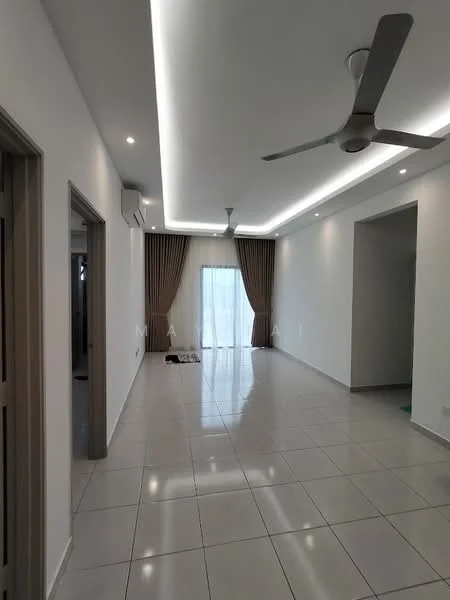 Living features: white painted walls, glossy ceramic tile flooring, recessed downlights, 5-blade ceiling fan, floor-to-ceiling windows, sheer curtains, curtains in brown, air conditioning unit, open layout, neutral color scheme; style: modern.