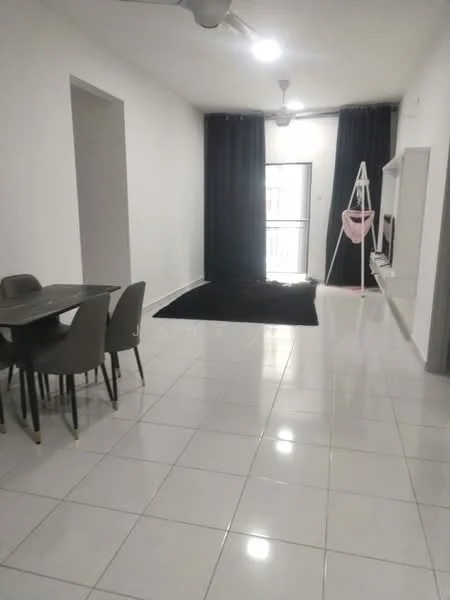 Living features: white painted walls, glossy ceramic tile flooring, 5-blade ceiling fan with light, black area rug, floor-to-ceiling windows, black curtains, TV console, entertainment unit, dining table with 4 chairs; style: modern.