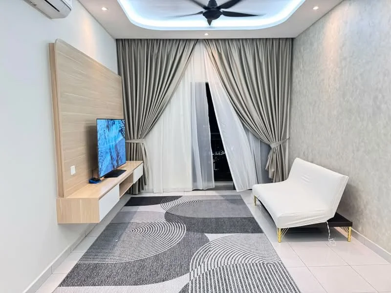 Living features: white walls, grey accent wall, recessed ceiling with LED lighting, 5-blade ceiling fan, floor-to-ceiling windows with sheer curtains, light grey area rug with circular pattern, wall-mounted TV, wooden TV console, white sofa with gold legs, tile flooring; style: modern.