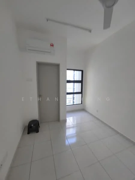 Room features: white painted walls, glossy white tile flooring, 1 wall-mounted split AC, ceiling fan, floor-to-ceiling window, door to adjacent room, natural light from window; style: modern; view: city.
