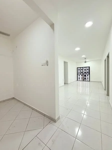 Room features: white painted walls, tile flooring, recessed downlights, ceiling fan, large window with city view, open layout, neutral color scheme, corner space, multiple doorways; style: modern; view: city.