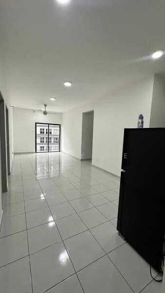 Living features: white painted walls, glossy ceramic tile flooring, recessed downlights, 5-blade ceiling fan, sliding glass door, floor-to-ceiling windows, black refrigerator; style: modern.