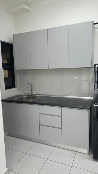 Kitchen features: grey cabinetry, stainless-steel sink, chrome pull-down faucet, black countertop, ceramic tile backsplash, white tiled walls, white tiled flooring, built-in cabinets, under-cabinet lighting; style: modern.