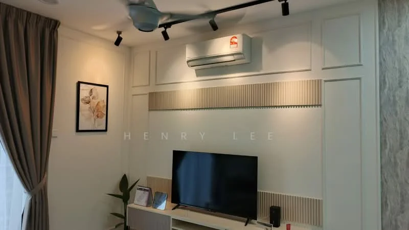 Living features: wall-mounted TV, light wood TV console, 5-blade ceiling fan, wall-mounted air conditioning unit, decorative wall paneling, framed artwork, curtains, indoor plant, recessed lighting; style: modern.
