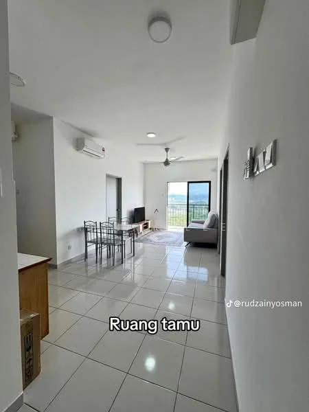 Living features: white painted walls, glossy ceramic tile flooring, 5-blade ceiling fan with light, sofa in light grey, coffee table, TV console, wall-mounted TV, dining table with chairs, floor-to-ceiling windows, curtains, mountain view; style: modern; view: mountain.
