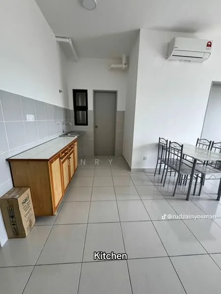 Kitchen features: single-bowl stainless-steel sink, chrome faucet, wood cabinetry, grey tiled backsplash, white walls, tile flooring, wall-mounted split AC, dining table with metal chairs, door leading to another room; style: modern.
