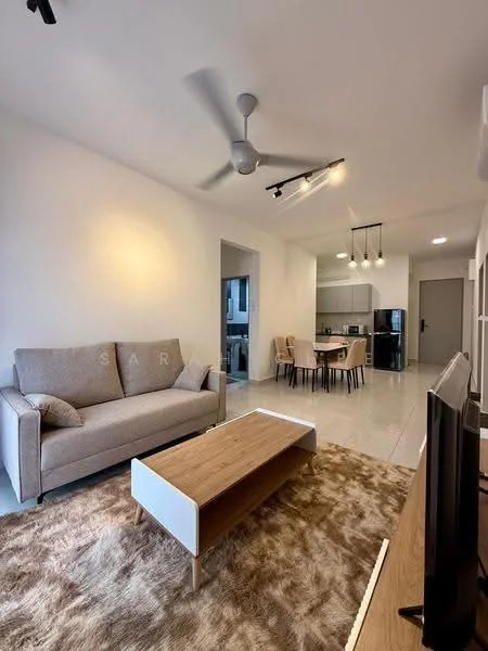 Living features: 3-seater fabric sofa in light grey, wooden coffee table with white drawer, area rug with neutral tones, ceiling fan with integrated light, wall-mounted TV, recessed LED downlights, open layout to dining area, large windows for natural light; style: modern. Dining features: round dining table, 4 upholstered dining chairs, pendant lighting above dining table, open layout to living area, kitchen visible in background; style: modern. Kitchen features: kitchen cabinets in light wood, stainless-steel appliances, open layout to dining area, countertop space, recessed lighting; style: modern.